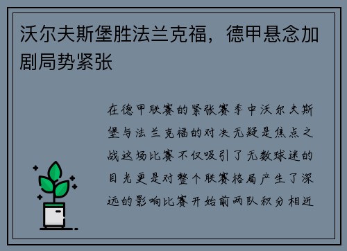 沃尔夫斯堡胜法兰克福，德甲悬念加剧局势紧张