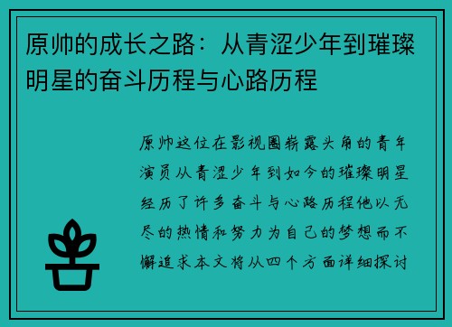 原帅的成长之路：从青涩少年到璀璨明星的奋斗历程与心路历程